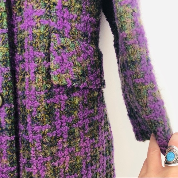 Vintage 60s Wool Bouclé Tweed Peacoat Purple Green M - Picture 3 of 5
